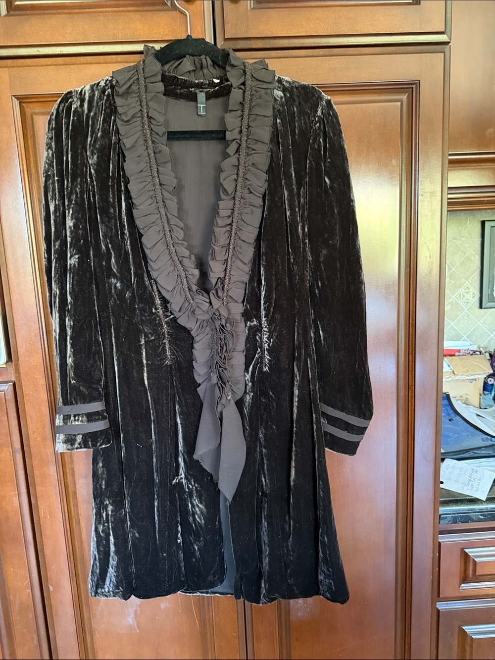 Tahari Dark BrownVelvet Ruffle-Front Coat